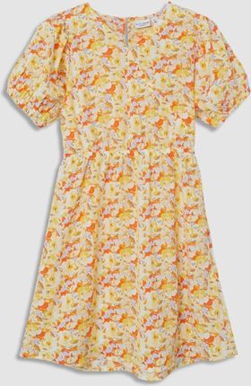Sukienka tkaninowa z krótkim rękawem żółta w kwiatki z gumką w pasie