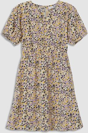 Sukienka tkaninowa z krótkim rękawem żółta w panterkę z gumką w pasie