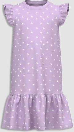 Sukienka dzianinowa z krótkim rękawem fioletowa z falbankami i delikatnym wzorem na całości