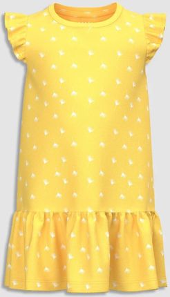 Sukienka dzianinowa z krótkim rękawem żółta z falbankami i delikatnym wzorem na całości