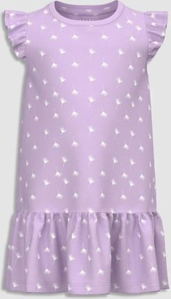 Sukienka dzianinowa z krótkim rękawem fioletowa z falbankami i delikatnym wzorem na całości