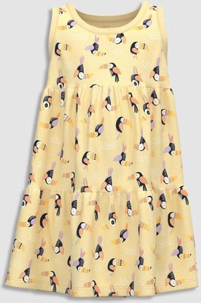 Sukienka dzianinowa na ramiączkach żółta rozkloszowana z wzorem w tukany