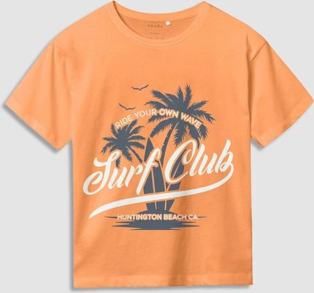 T-shirt z krótkim rękawem pomarańczowy z palmami i motywem surfingu