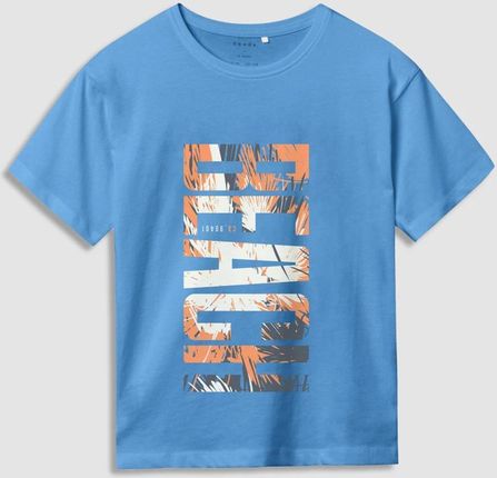 T-shirt z krótkim rękawem niebieski z napisem i wakacyjnym motywem