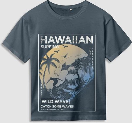T-shirt z krótkim rękawem szary z palmą i motywem surfingu