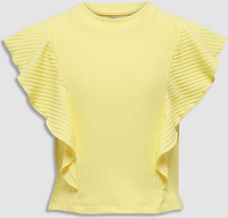 T-shirt bez rękawów żółty z prążkowanej dzianiny z falbanami