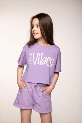 T-shirt z krótkim rękawem fioletowy crop top z napisem