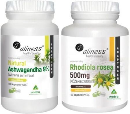 Natural Ashwagandha 590 Mg 9% X 100 Vege Caps. + Rhodiola Rosea Różeniec Górski 500Mg 60X Vege Aliness