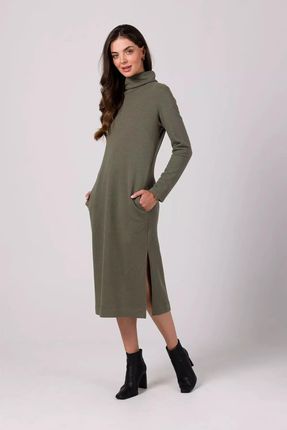 Dzianinowa sukienka midi z półgolfem (Khaki, S)
