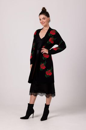 BK102 Długi kardigan w róże - czarny (kolor czarny, rozmiar uniwersalny)