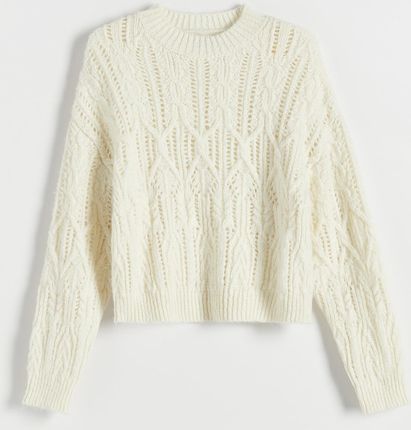 Reserved - Sweter z ozdobnym splotem - Kremowy
