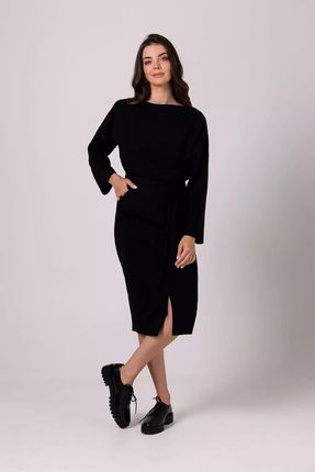 Elegancka sukienka midi z rozporkiem (Czarny, XL)