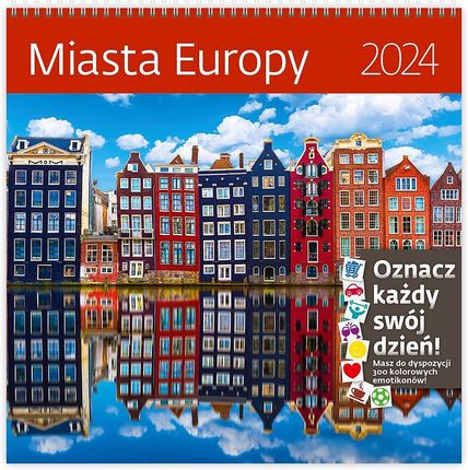 Kalendarz miesięczny, 2024, Ścienny, Miasta Europy z Naklejkami, 30x30 cm