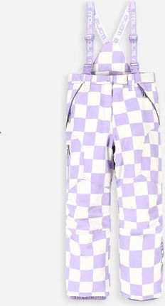 Spodnie narciarskie fioletowe w kratkę z kieszeniami na szelkach