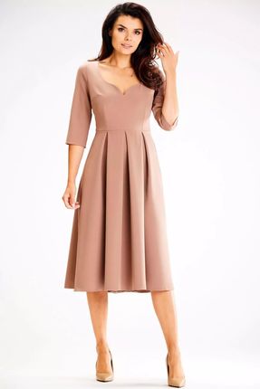 Elegancka sukienka midi rozkloszowana (Cappuccino, S)