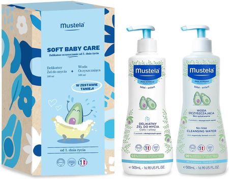 Expanscience Laboratoires Zestaw Mustela Soft Baby Care Delikatne Oczyszczanie Żel Do Mycia 500ml + Woda Oczyszczająca Bez Spłukiwania 500ml