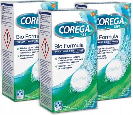 Corega Tabs Bio Formula Tabletki do czyszczenia protez zębowych z systemem czyszczącym 4w1 3x136 tabletek