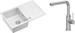 Quadron Unique Zlewozmywak granitowy jednokomorowy 78*50*22 cm z ociekaczem MORGAN 111 SNOW WHITE z syfonem Push-2-Open stal z baterią Angelina