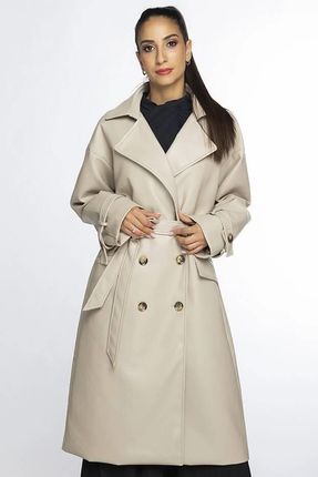 Dwurzędowy klasyczny płaszcz damski ze skóry ekologicznej AnnGissy beżowy (AG6-30)