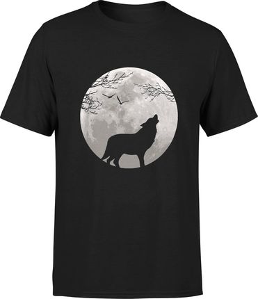 Wilk Księżyc Męska koszulka z wilkiem wyjącym do księżyca pies (S, Czarny)