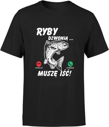 Ryby dzwonią Męska koszulka wedkarska prezent dla wedkarza (XL, Czarny)