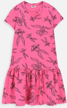 Sukienka dzianinowa z krótkim rękawem LOONEY TUNES różowa rozkloszowana z nadrukiem - Królik Bugs