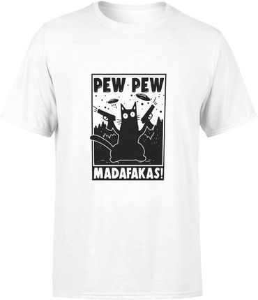 Kot Męska koszulka z kotem pew pew madafakas (M, Biały)