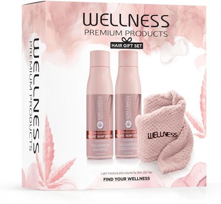 WELLNESS PREMIUM PRODUCTS zestaw VolumePlex (szampon 500ml, odżywka 500ml, różowy turban do włosów)