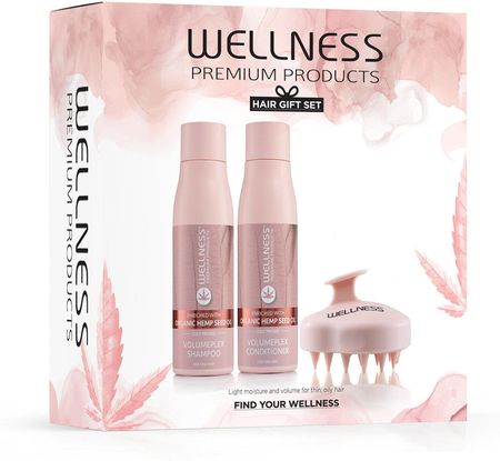 WELLNESS PREMIUM PRODUCTS zestaw VolumePlex (szampon 500ml, odżywka 500ml, różowy masażer do włosów)