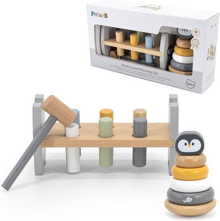 Viga Toys Polarb Zestaw Drewniana Piramidka + Przebijanka Z Młoteczkiem Pingwinek Montessori