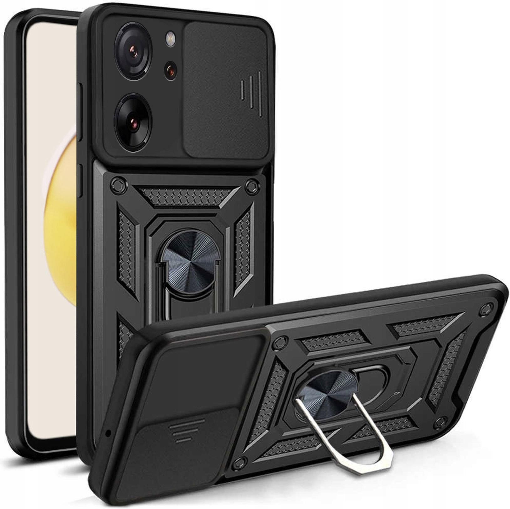 Custodia per Xiaomi 13T /13T Pro / Redmi K60 Ultra a doppio strato con copertura scorrevole della fotocamera e supporto ad anello verde