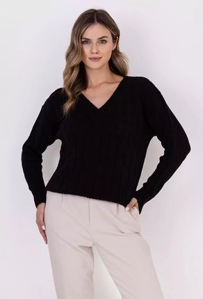 Klasyczny sweter z warkoczowym splotem (Czarny, S/M)