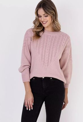 Luźny sweter z warkoczowym wzorem (Pudrowy, S/M)