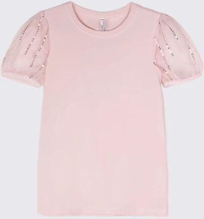 T-shirt z krótkim rękawem różowy z bufiastymi rękawami i cekinami