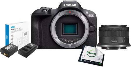 Canon EOS R100 + RF-S18-45 mm IS STM Czarny + ładowarka i akumulator Newell zamiennik LP-E17