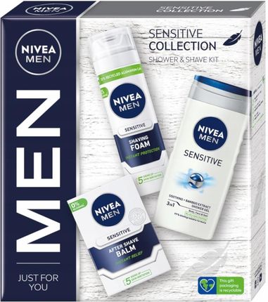 NIVEA MEN Sensitive Collection  SHOWER & SHAVE KIT pianka do golenia, 200ml + balsam po goleniu, 100 ml + żel pod prysznic, 250ml