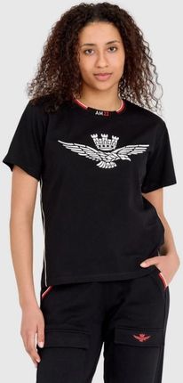 AERONAUTICA MILITARE Czarny luźny t-shirt damski z wypukłym orłem Comfort Fit