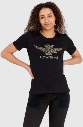 AERONAUTICA MILITARE Czarny t-shirt damski z orłem wykonanym z dżetów