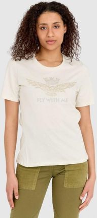 AERONAUTICA MILITARE Kremowy t-shirt damski z orłem wykonanym z dżetów