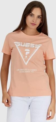 GUESS Brzoskwiniowy t-shirt damski z białym logo