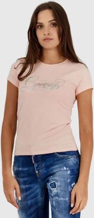 GUESS Brzoskwiniowy t-shirt damski z brokatowym logo