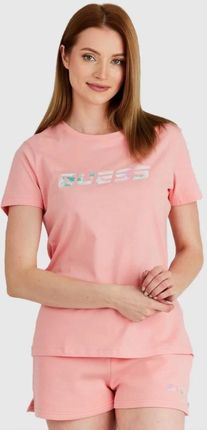 GUESS Brzoskwiniowy t-shirt damski z kolorowym logo