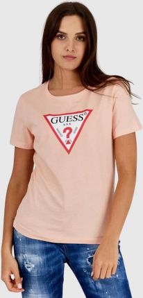 GUESS Brzoskwiniowy t-shirt damski z trójkątnym logo