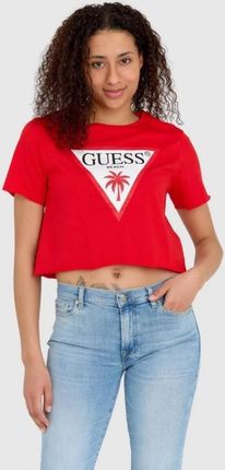 GUESS Czerwony krótki t-shirt damski z surowym wykończeniem boxy fit