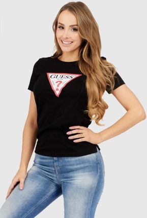 GUESS Czarny t-shirt damski z dużym trójkątnym logo