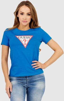 GUESS Niebieski t-shirt damski z dużym trójkątnym logo