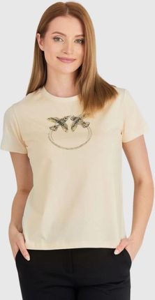 PINKO Beżowy t-shirt damski z logo z cekinów