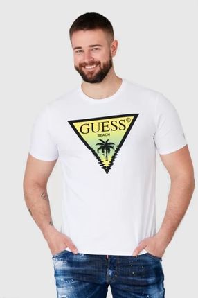 GUESS Biały t-shirt męski z logo z palmą