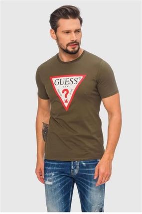 GUESS Zielony t-shirt męski z dużym trójkątnym logo