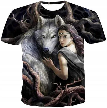 T-shirt męski graficzny 3D kobieta i wilk 2XL